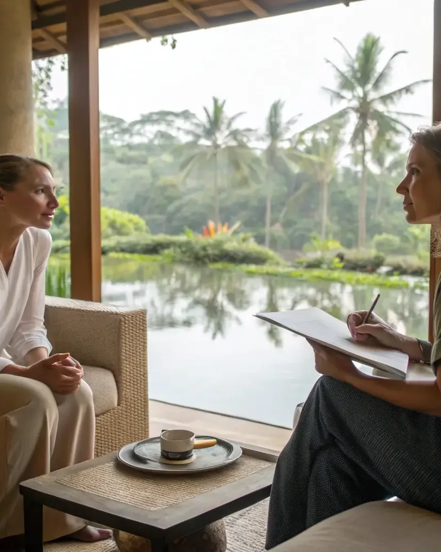 A wellness consultation in an open pavilion overlooking the valley