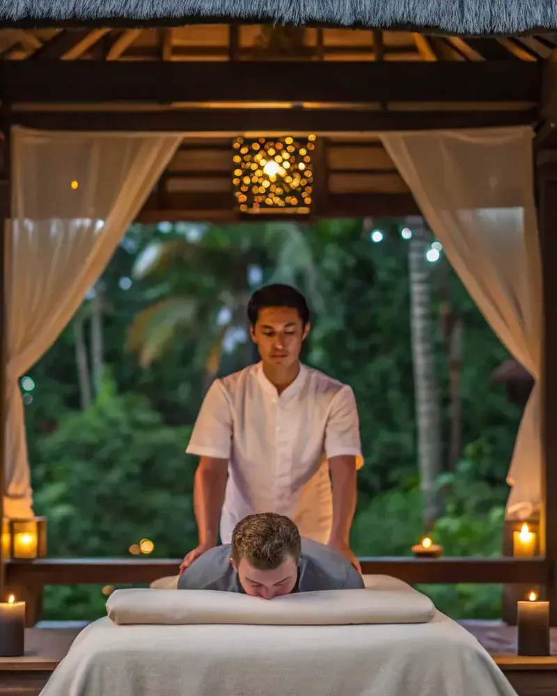 A candlelit treatment pavilion open to the jungle at dusk